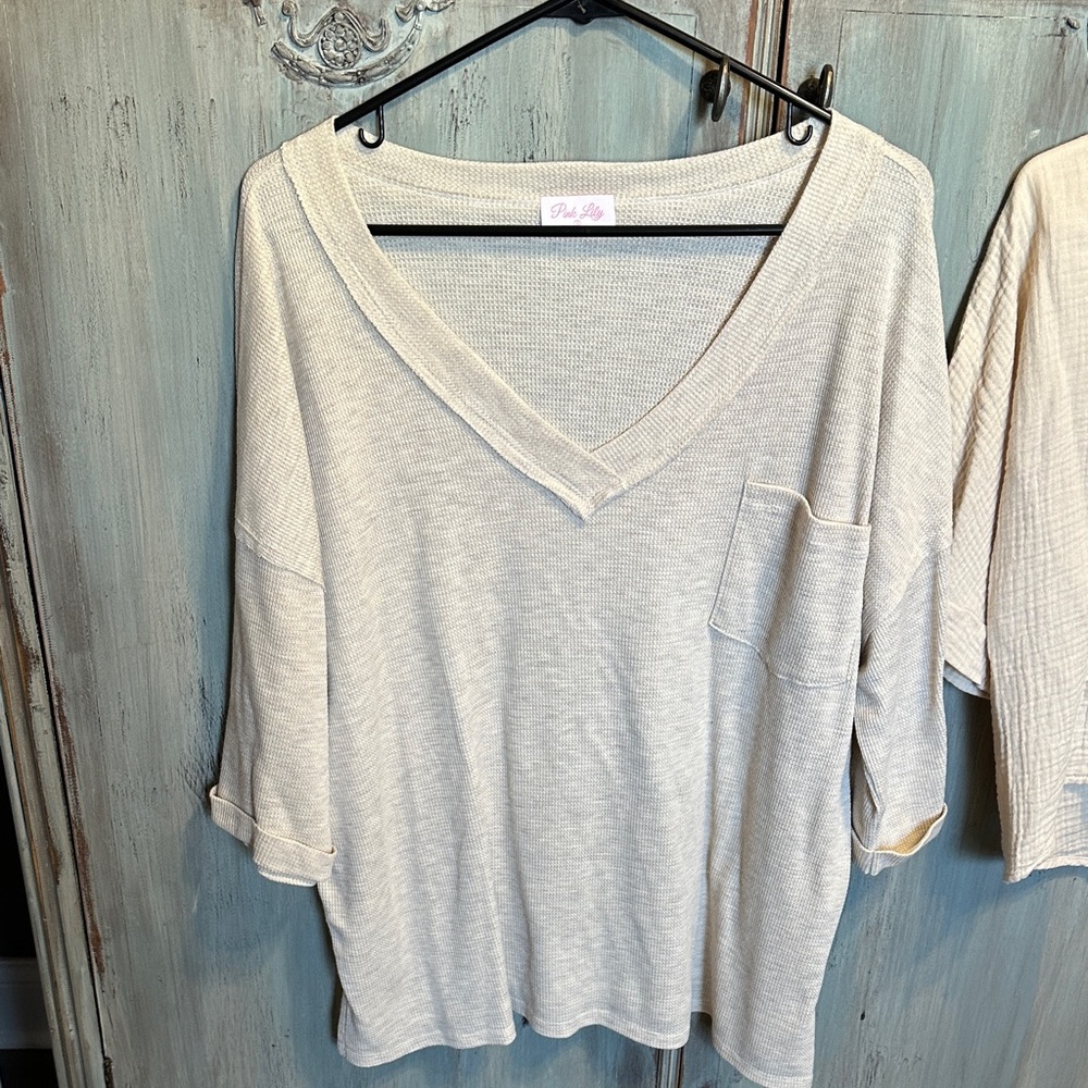Pink Lily Cream V-Neck Pocket Knit Top